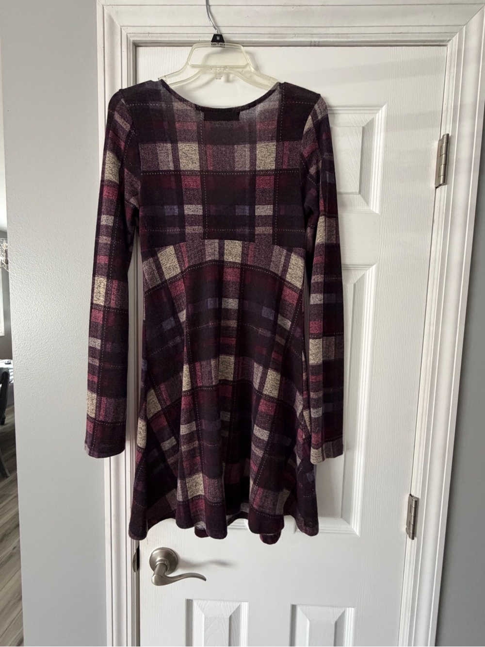 Vintage Havana Plaid Long-Sleeve Fit-and-Flare Dress in Burgundy, Plum and Cream